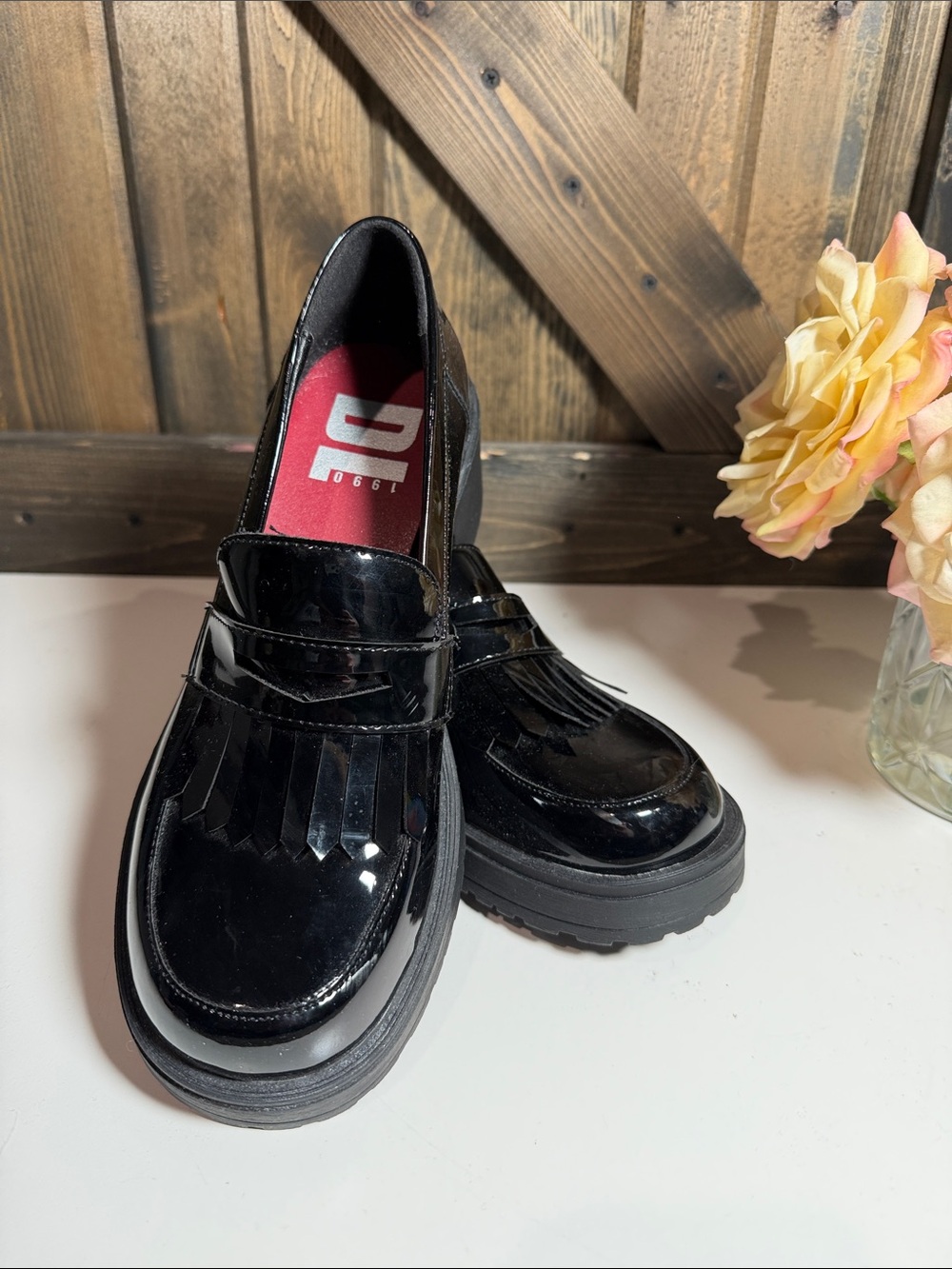 Dirty Laundry Black Patent Kiltie Lug Loafers